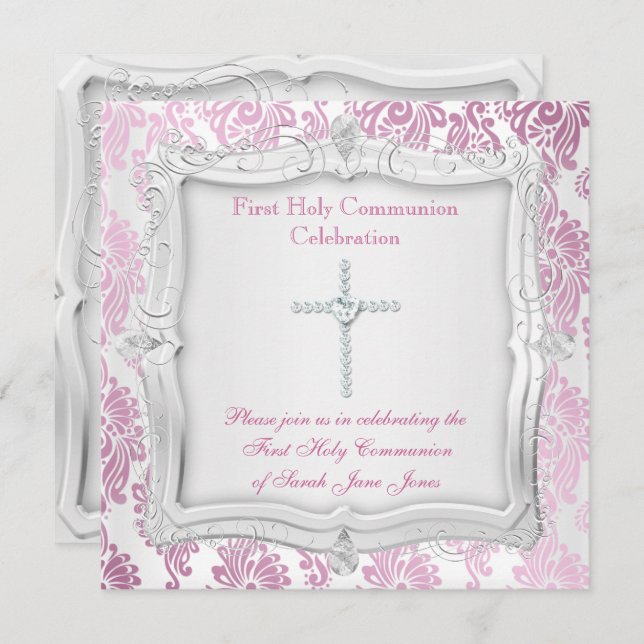 Girl First Heliga Communion Rosa Silver Kor Inbjudningar (Fram/baksida)