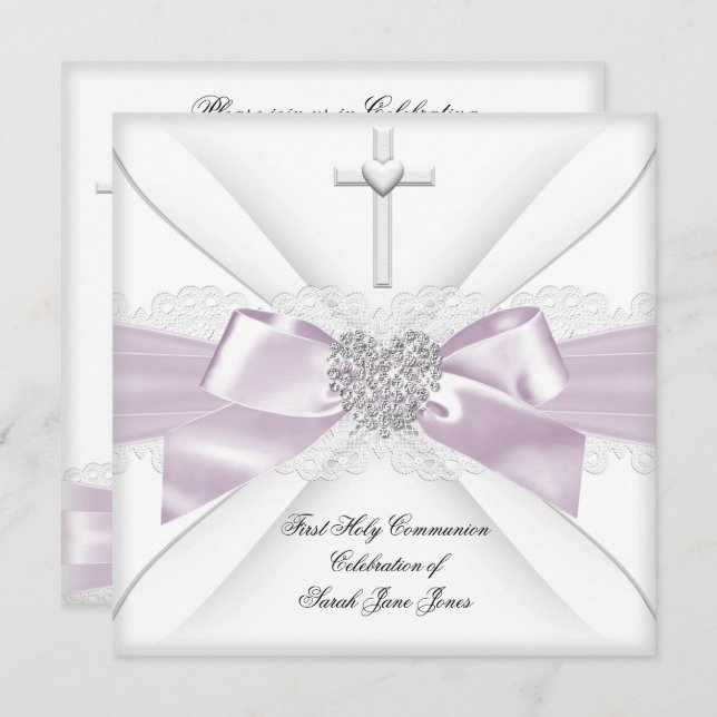 Girl First Heliga Communion Rosa White Heart 2 Inbjudningar (Fram/baksida)