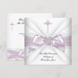 Girl First Heliga Communion Rosa White Heart Order Inbjudningar