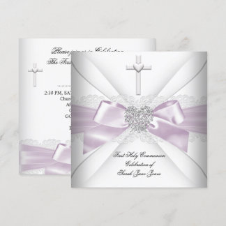 Girl First Heliga Communion Rosa White Silver Hear Inbjudningar