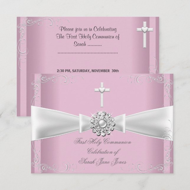 Girl First Heliga Communion rosa White Silver Inbjudningar (Fram/baksida)