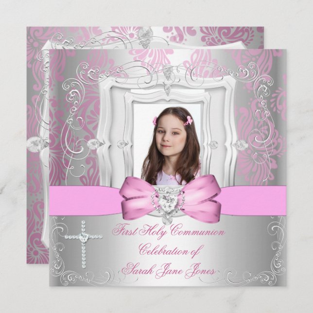 Girl First Heliga Communion Silver Rosa Photo Inbjudningar (Fram/baksida)