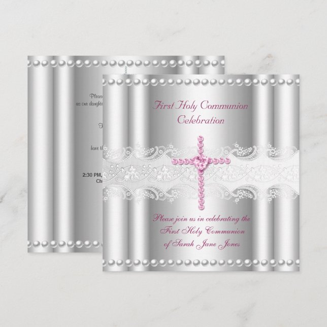 Girl First Heliga Communion Silver Snöre Rosa Pear Inbjudningar (Fram/baksida)