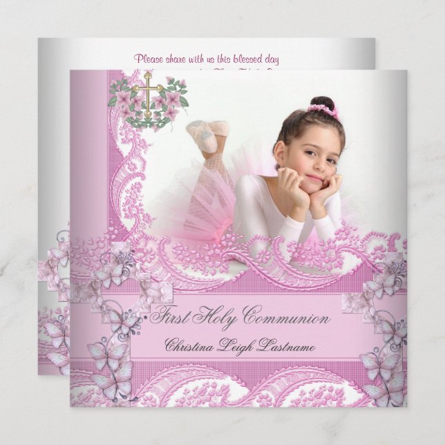 Girl First Heliga Communion Snöre Rosa Photo Inbjudningar (Fram/baksida)