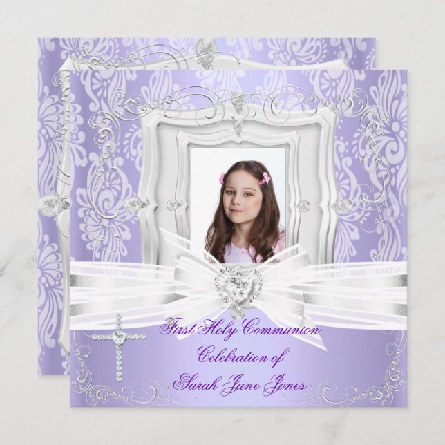 Girl First Heliga Communion Söt Lila Photo Inbjudningar (Fram/baksida)