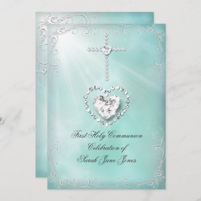 Girl First Heliga Communion Teal Blue Himmelsk Inbjudningar (Fram/baksida)