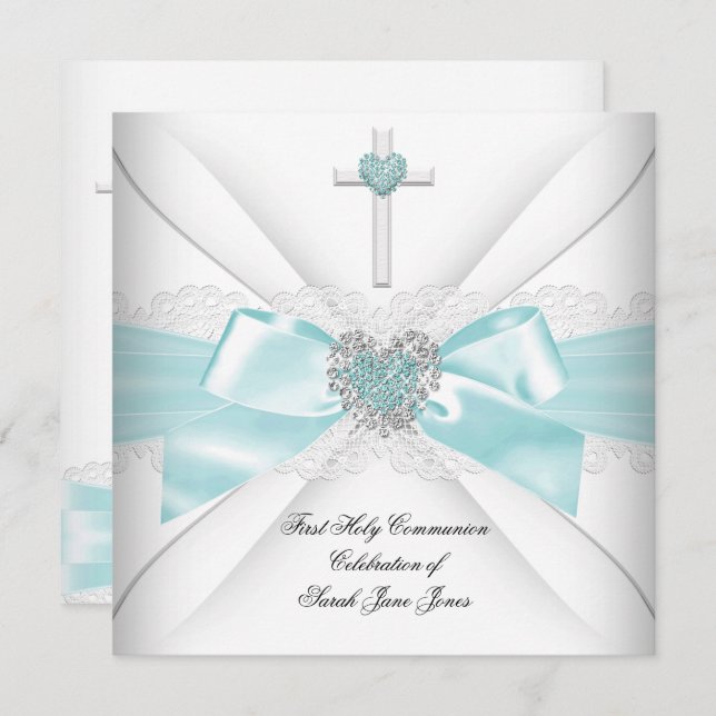 Girl First Heliga Communion Teal White Heart Inbjudningar (Fram/baksida)