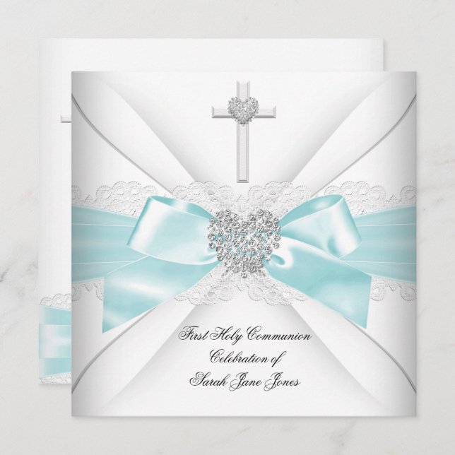 Girl First Heliga Communion Teal White Silver Hear Inbjudningar (Fram/baksida)