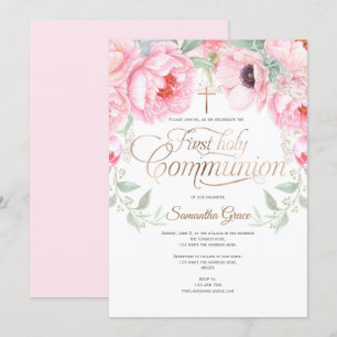 Girl, First Heliga Communion, Watercolor Flowers Inbjudningar