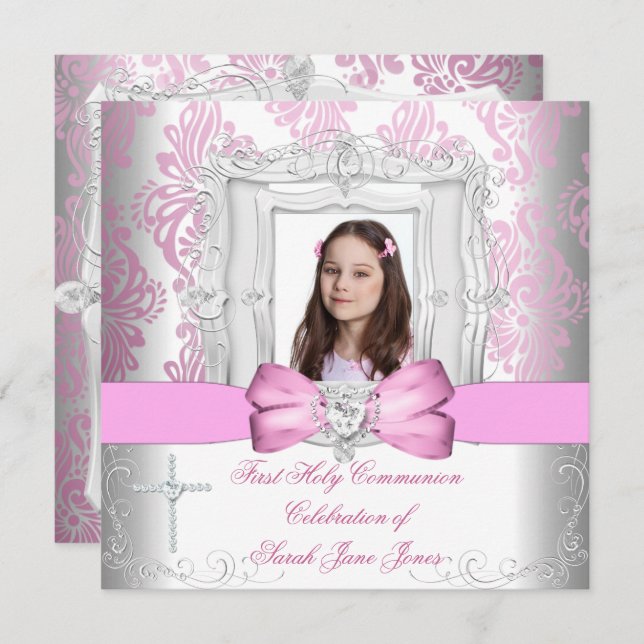 Girl First Heliga Communion White Rosa Photo Inbjudningar (Fram/baksida)