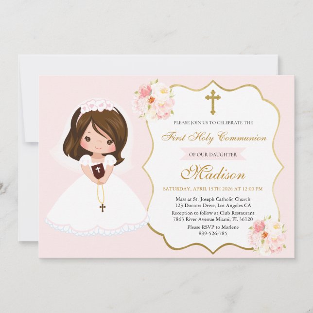 Girl First Holy Communion Invitation Elegant Cute Inbjudningar (Framsida)