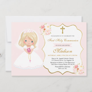 Girl First Holy Communion Invitation Soft Pink Inbjudningar