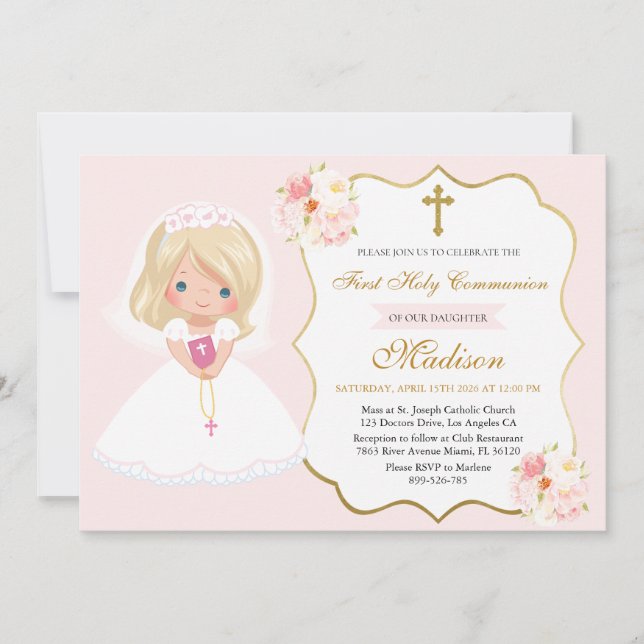 Girl First Holy Communion Invitation Soft Pink Inbjudningar (Framsida)