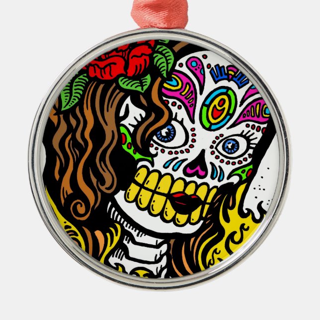 Girl Flower Sugar Skull Julgransprydnad Metall (Framsidan)