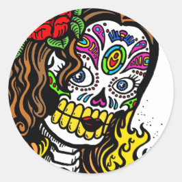 Girl Flower Sugar Skull Runt Klistermärke
