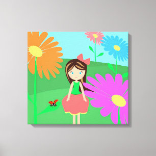 Girl, Flowers and Ladybug Canvastryck