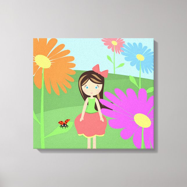 Girl, Flowers and Ladybug Canvastryck (Framsida)