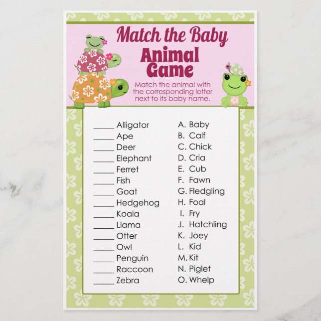 Girl Frog Baby Shower Game Animal Match Lakan (Framsida)