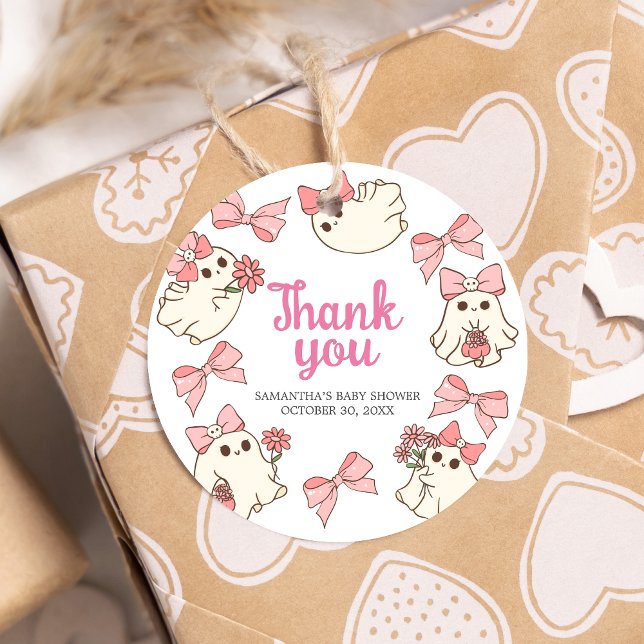 Girl Ghost Little Boo Halloween Baby Shower Round Gåvor Etiketter (Pink Little Boo Halloween Baby Shower Round Favor Tags
)