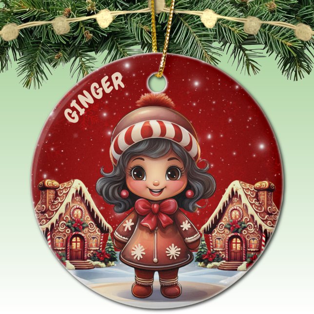 Girl Gingerbread Village House Christmas Decor Julgransprydnad Keramik (Personalizable Girl Gingerbread & Houses Christmas Decor Customizable Ornament  Xmas Decoration 🎄)