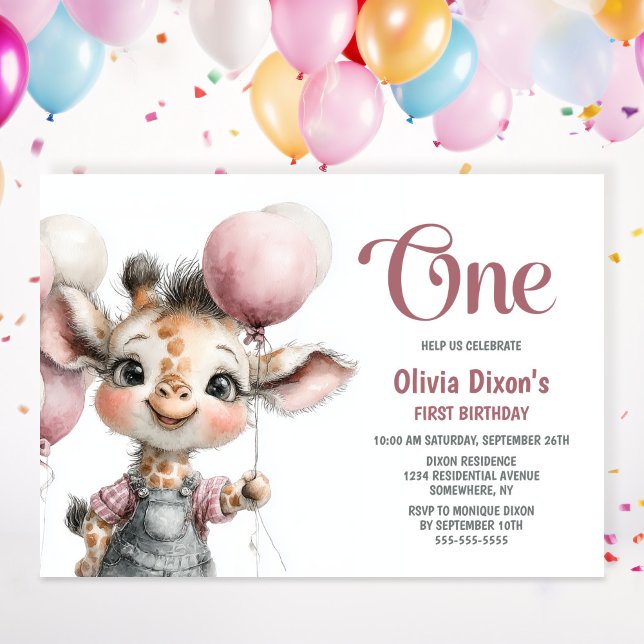Girl Giraffe 1st Birthday Party Invitation Inbjudningar (Skapare uppladdad)