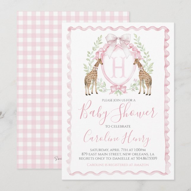 Girl Giraffe Baby Shower Preppy Rosa Gingham Inbjudningar (Fram/baksida)
