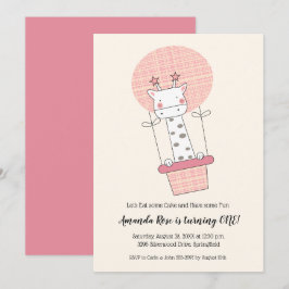 Girl Giraffe Luftballong First Födelsedagsfest Inbjudningar