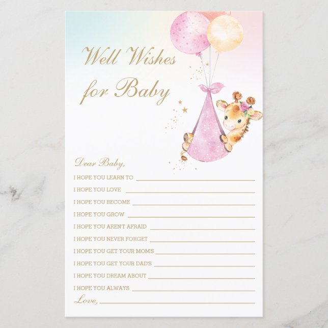 Girl Giraffe well Önskemål for Baby Shower Activit (Framsida)