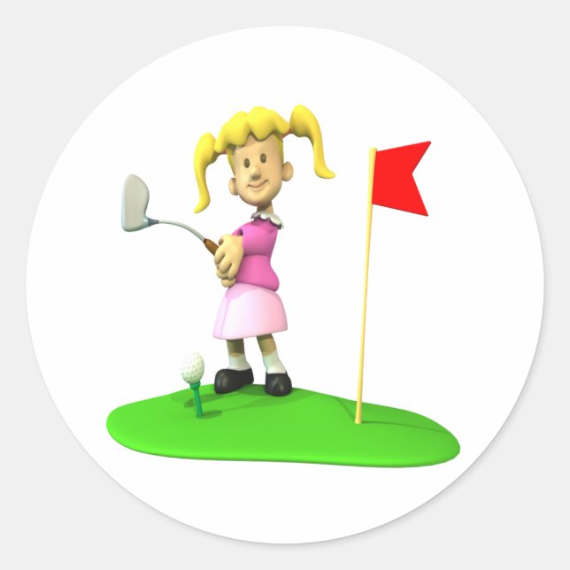 Girl Golfer Runt Klistermärke (Framsida)