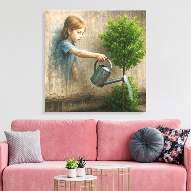 Girl Graffiti Watering a City Träd Canvastryck (Insitu (Vardagsrum))