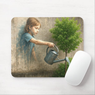 Girl Graffiti Watering a City Träd Musmatta