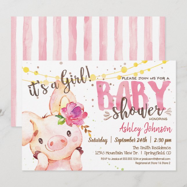 Girl Gris Baby Shower Farm-inbjudan Farm Inbjudningar (Fram/baksida)