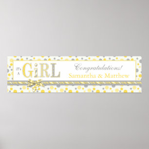 GIRL Gult Grått Dots Baby Shower Banner Poster