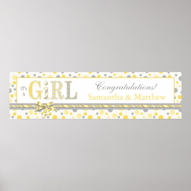 GIRL Gult Grått Dots Baby Shower Banner Poster (Framsidan)