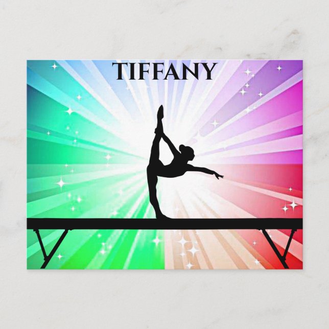 Girl Gymnast on Balance Beam over Rainbow Burst Vykort (Framsida)