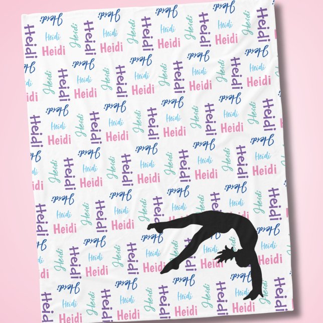 Girl Gymnastics Power som klumpar hennes Namn över Fleecefilt (Beautiful and colorful fleece blanket with name all over!)