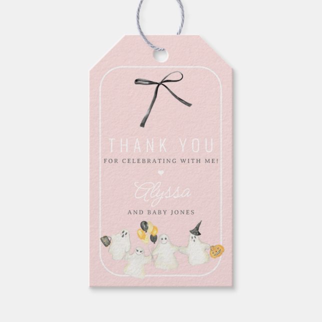 Girl Halloween Ghost och Black Bow Baby Shower Presentetikett (Framsidan)