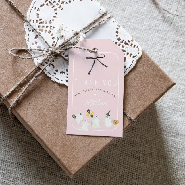 Girl Halloween Ghost och Black Bow Födelsedagsfest Presentetikett (Skapare uppladdad)