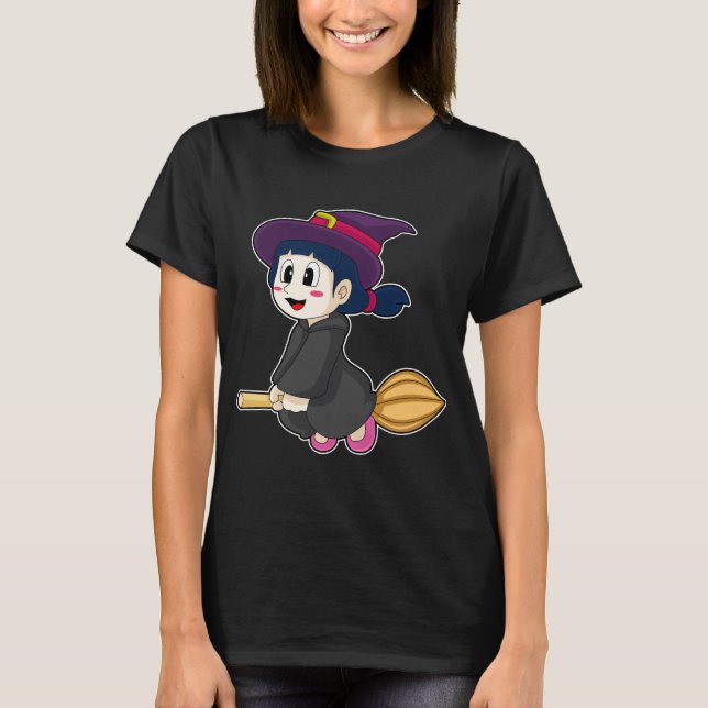 Girl Halloween Witch Broom T Shirt (Framsida)