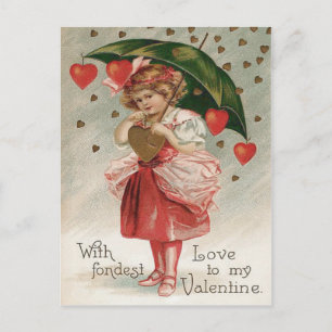 Girl Heart Umbrella Rain Shower Vykort