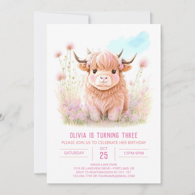 Girl Highland Cow Pampas Grass Birthday Inbjudningar (Framsida)