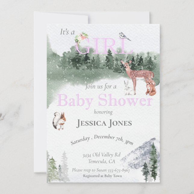 Girl Hjort Baby Shower Winter Woodland Inbjudningar (Framsida)