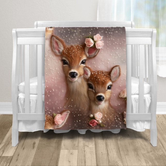 Girl Hjort Blommigt Pearl Fleecefilt (Adorable doe and fawn deer baby blanket. )