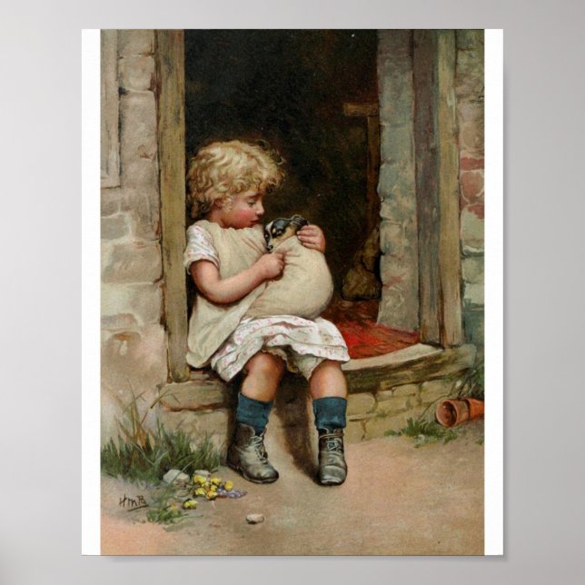 Girl Holding Cute Puppy Vintage Poster (Framsidan)