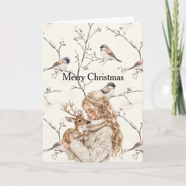Girl Holding Deer Birds Tree Cream Christmas  Kort (Framsida)
