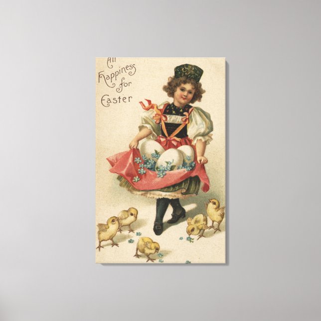 Girl Holding Eggs med Chickar Canvastryck (Framsida)