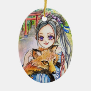 Girl Holding Fox Julgransprydnad Keramik