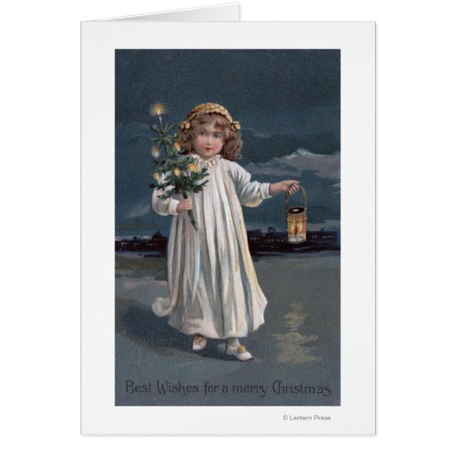 Girl Holding Träd och Lantern Hälsningskort (Framsidan)