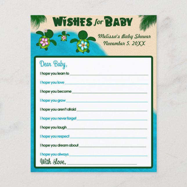 Girl Honu Sea Turtle Önskemål for Baby Shower Rosa (Framsida)