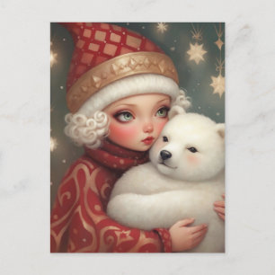 Girl Hugger en Polar Bear, Cute Fantasy Art Helg Vykort